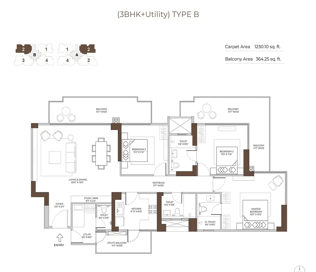 3 BHK + Utility Room
